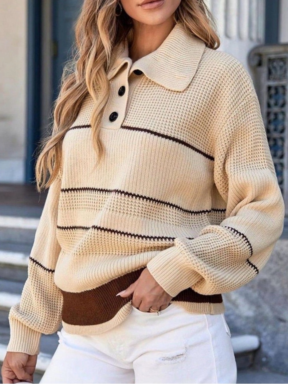 Dokotoo NWT Beige/Brown Striped Collared Button Neck Knit Pullover Sweater L